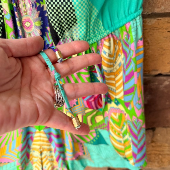 Hale Bob M Women Teal Green Geometric Floral Halter Romper Boho Summer Vacation - Picture 6 of 14